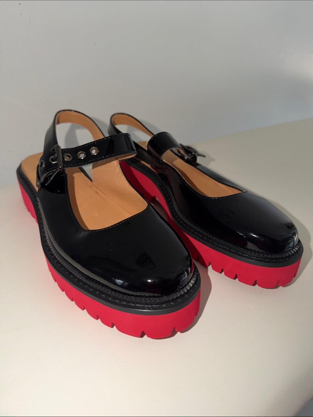 Patent Black Mary Jane Slingback Mules with Red Platform